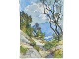 watercolor painting of a dirt road with trees on either side of it