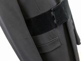 a close up of a black coat with a black belt