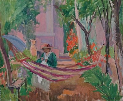 un tableau représentant une femme assise dans un hamac dans un jardin