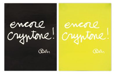 a couple of black and yellow posters with white writing on them