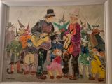 a painting of a man playing a guitar with a group of people