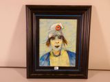 painting of a woman in a hat with a donut on her head