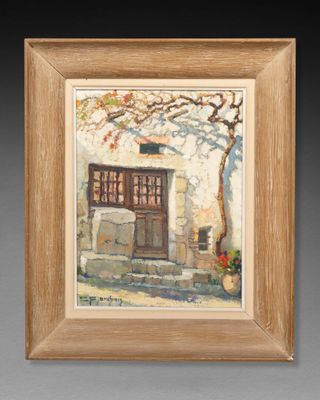 an image of a painting of a house with a tree in front of it