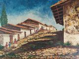 un tableau représentant une scène de village avec des personnes montant une colline