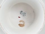 a white bowl with a brown spot in it