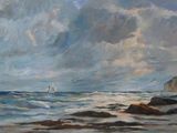 une peinture représentant un voilier sur l'eau, près d'une falaise