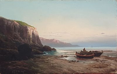 Emile GODCHAUX 1860-1938) "Barques et pécheur au pied d'une … - Photo 1