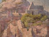 an image of a painting of a mountain with a building on top of it