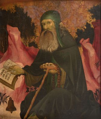 tableau représentant un homme barbu tenant un livre et une canne