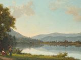 tableau représentant une scène fluviale avec deux personnes assises au bord d'une rivière