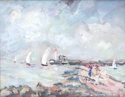 une peinture à l'huile représentant une scène de plage avec des voiliers sur l'eau