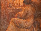 painting of a woman sitting in a chair in a room