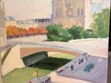 une peinture représentant une peinture d'un bus passant sous un pont