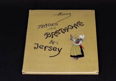 un vieux livre sur lequel figure le dessin d'une femme en robe