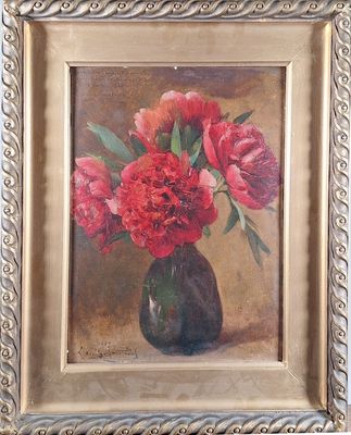 une peinture de fleurs rouges dans un vase sur une table