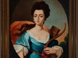 an oil painting of a woman holding a broom and a red bag