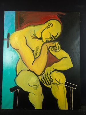 painting of a man sitting on a chair with his hand on his face