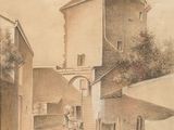 dessin représentant un vieux bâtiment devant lequel se tient un homme