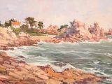 an oil painting of a rocky beach with a lighthouse in the distance