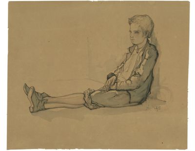 dessin représentant un homme assis par terre, les jambes croisées