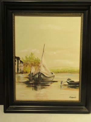 painting of a sailboat on a river with a house in the background