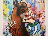 painting of a man and a dog in front of a graffiti covered wall