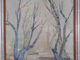 an oil painting of two trees in a field with a river in the background