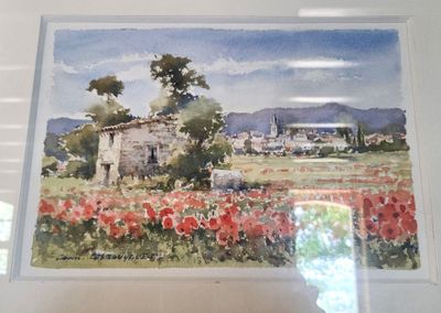 une photo d'une photo d'un tableau représentant un champ de fleurs