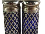 pair of silver and blue glass salt and pepper shakers