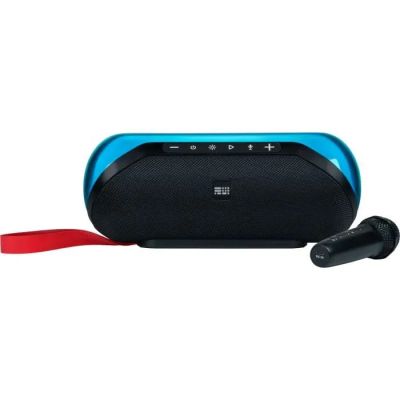 une enceinte portable bleue équipée d'un microphone