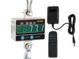 electronic scale with digital display and remote control on white background