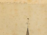drawing of a church steeple with a man standing on top of it