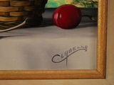 a painting of a basket of apples on a table