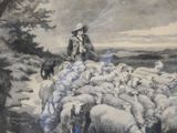 a drawing of a man herding a flock of sheep