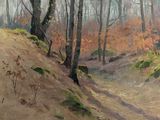 a painting of a man riding a horse in a wooded area
