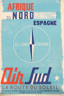 une vieille affiche représentant un avion avec une boussole sur le flanc