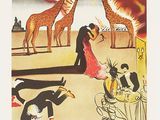 painting of giraffes and a woman in a red dress in front of a group of people