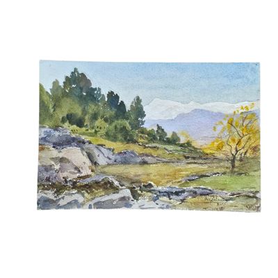 aquarelle représentant un paysage avec des rochers et des arbres au premier plan
