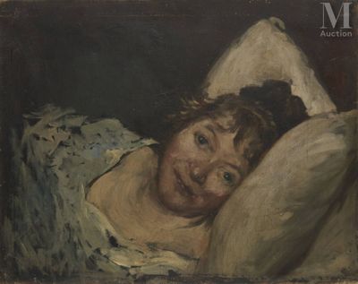 tableau représentant une femme allongée dans un lit, un oreiller sur la tête