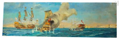une peinture représentant une peinture d'un navire dans l'océan