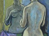 painting of a woman standing in front of a mirror looking at her reflection