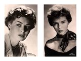 two black and white photos of a woman wearing a neck scarf
