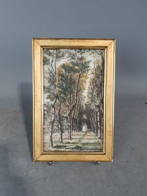 un tableau représentant une scène de forêt avec des arbres au premier plan