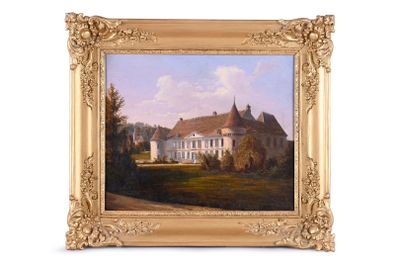 an image of a painting of a large white house in a field