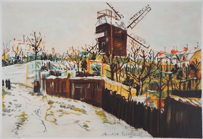 dessin représentant un tableau d'un moulin à vent par temps de neige