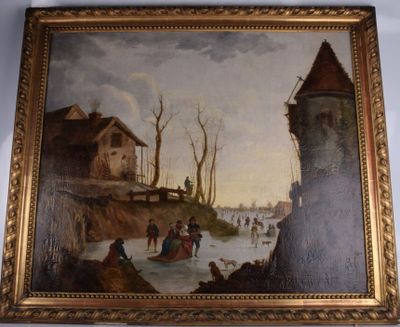 peinture représentant une scène hivernale avec des personnages sur un lac gelé