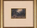 an image of a painting of a mountain scene in a gold frame