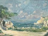 an image of a painting of a dirt road near the ocean