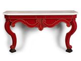 an image of a red console table with a marble top