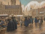 un tableau représentant une scène de rue avec des personnes et un chien